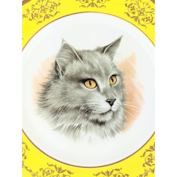 White Porcelain Cat Portrait Plate | Kitty Picture Yellow Border Collectible 10" - Picture 6 of 10